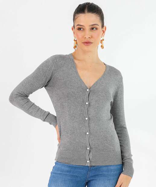 Image_Cardigan Feminino Botões Pérolas Sintéticas Marisa Cinza