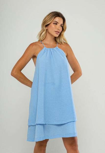 Vestido Curto Com Alças Finas e Babado Duplo Azul Salvatore