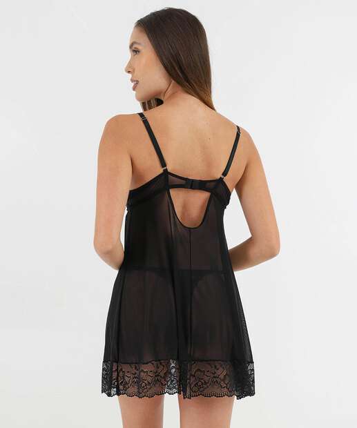 Camisola Sensual Tule Recorte Renda Marisa Preto