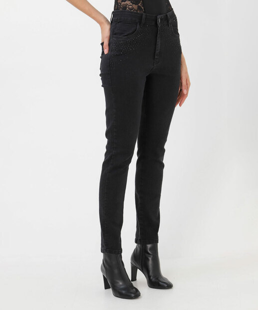Calça Jeans Skinny Feminina Strass Preto