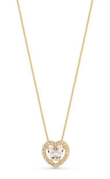 Conjunto Semijoia Colar E Brinco Coração Cristal E Micro Zircônias Banhado A Our