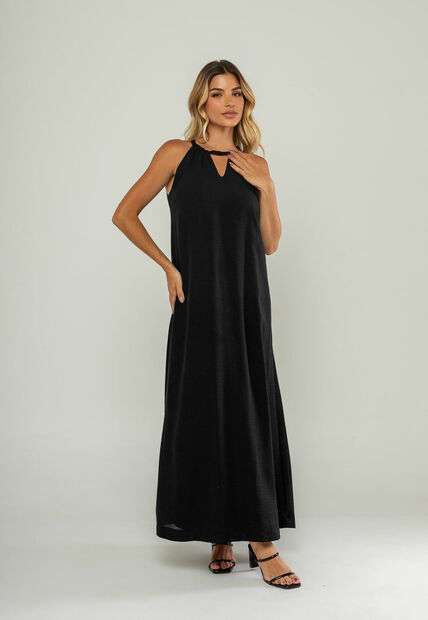Vestido Longo Decote Com Recorte E Amarração Preto Salvatore