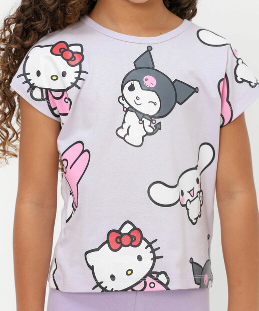 Blusa Infantil Hello Kitty E Amigos Tam 4 a 10 Lilás