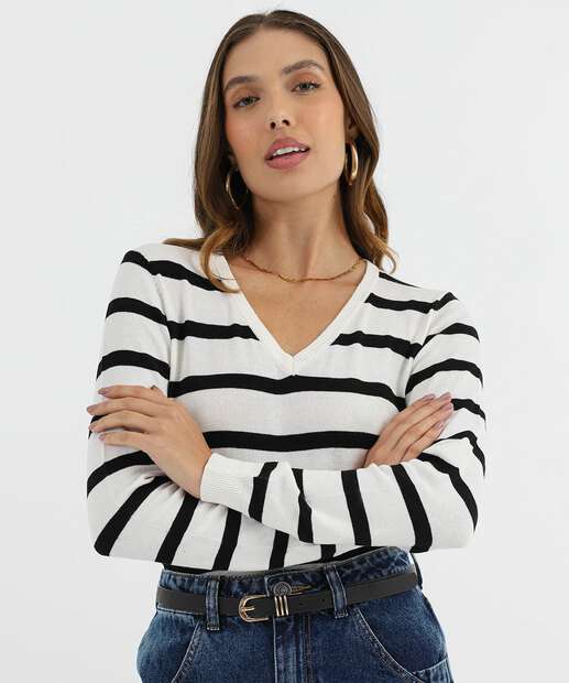 Image_Suéter Feminino Listrado Gola V Marisa Branco