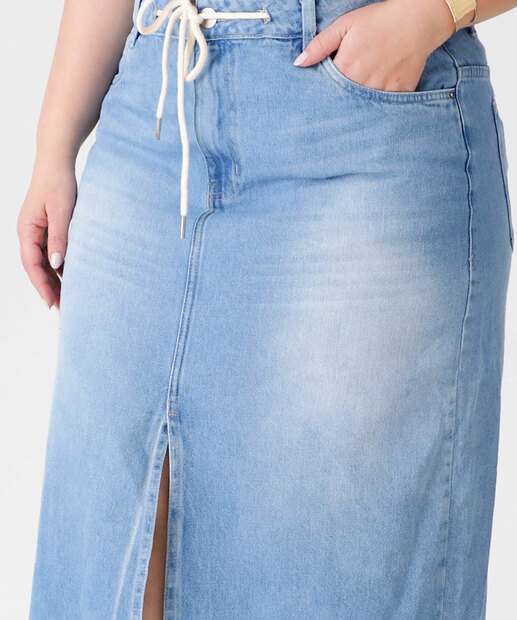 Saia Plus Size Jeans Midi Feminina Fenda