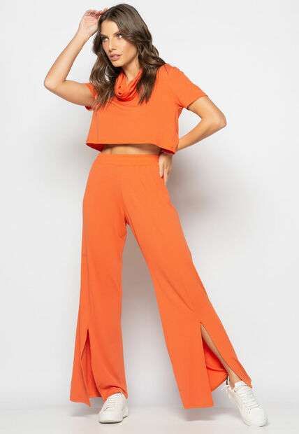 Conjunto Cropped Golão E Calça Fenda Frontal Malha Telha Salvatore