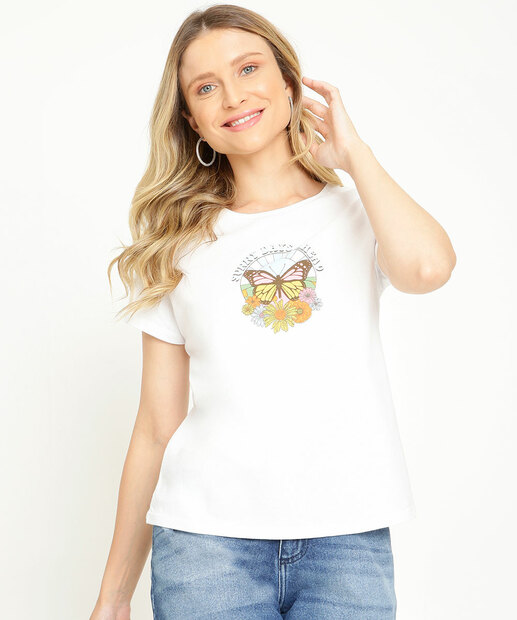 Blusa Feminina Estampa Borboleta Manga Curta Marisa