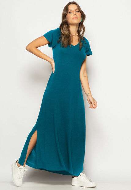 Image_Vestido Longo Manga Curta Malha Azul Salvatore Fashion