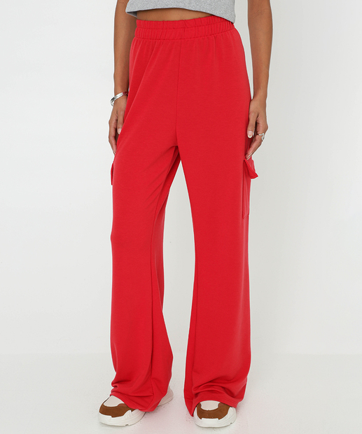Calça Feminina Moletinho Wide Leg Cargo Marisa Vermelho