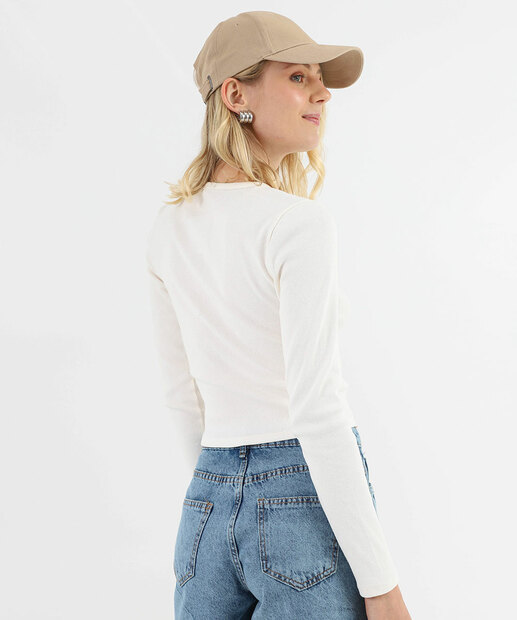 Blusa Cropped Feminina Canelada Manga Longa Marisa Branco