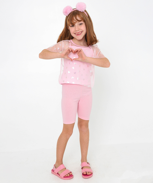 Blusa Infantil Tule Coração Foil Marisa Tam 4 a 10 Rosa