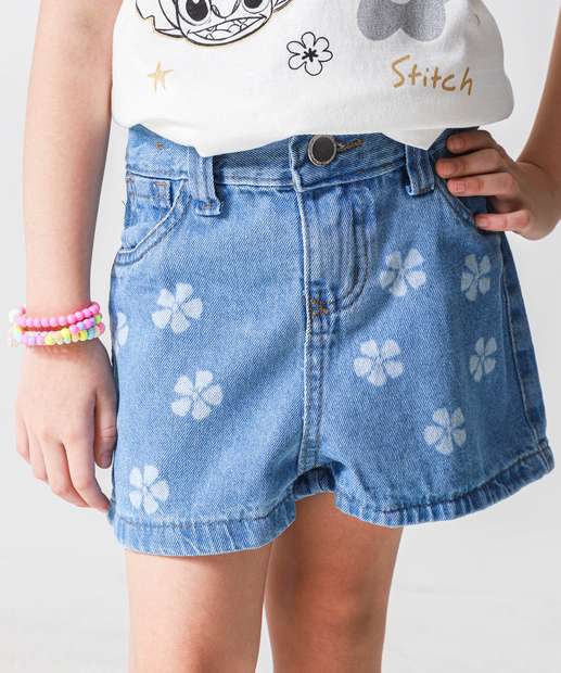 Short Infantil Jeans Flores Tam 4 a 10 Azul