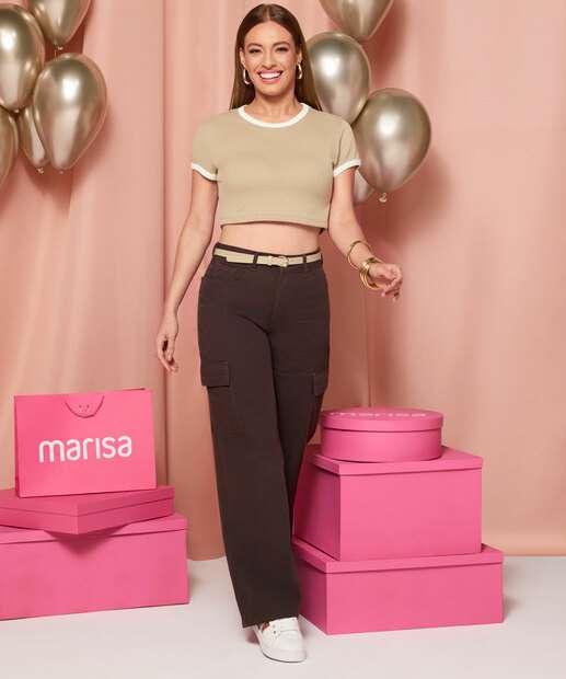 Calça Sarja Wide Leg Bolsos Cargo Feminina 
