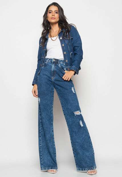 Calça Wide Leg Jeans Escuro Com Rasgos Salvatore Fashion