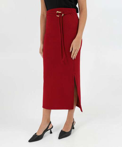 Saia Midi Feminina Textura Amarração Fenda Marisa Vinho