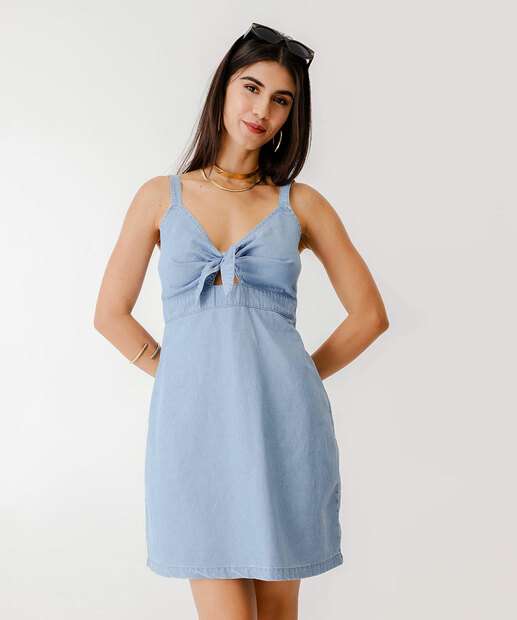 Vestido Jeans Feminino Detalhe de Laço Marisa