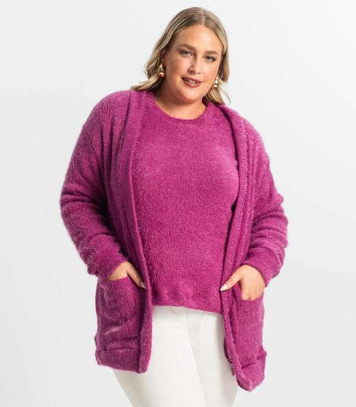 Cardigan Feminino Plus Size Em Tricot Secret Glam Roxo