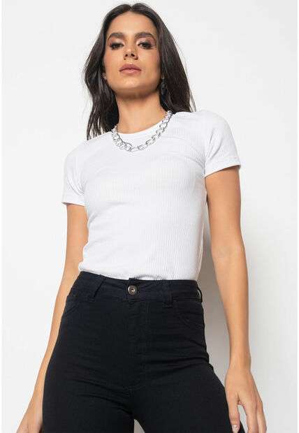 Kit 3 Blusas Básicas Manga Curta Canelada Preta, Branca e Preta Salvatore