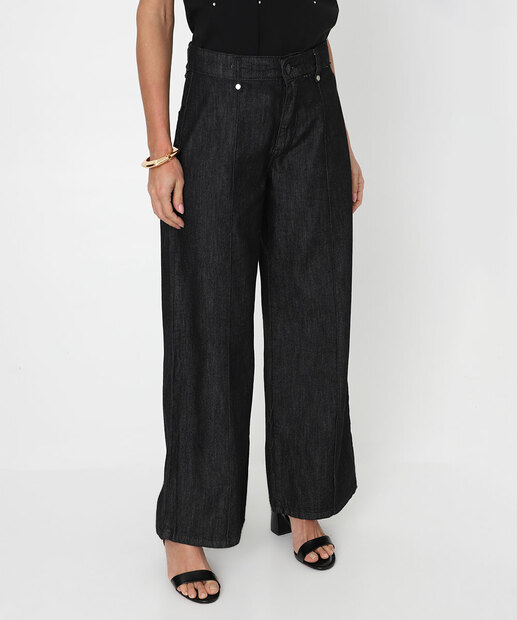 Calça Feminina Jeans Wide Leg Petit Preto