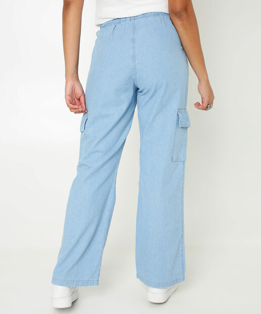 Calça Jeans Wide Leg Pantalona Feminina Cargo