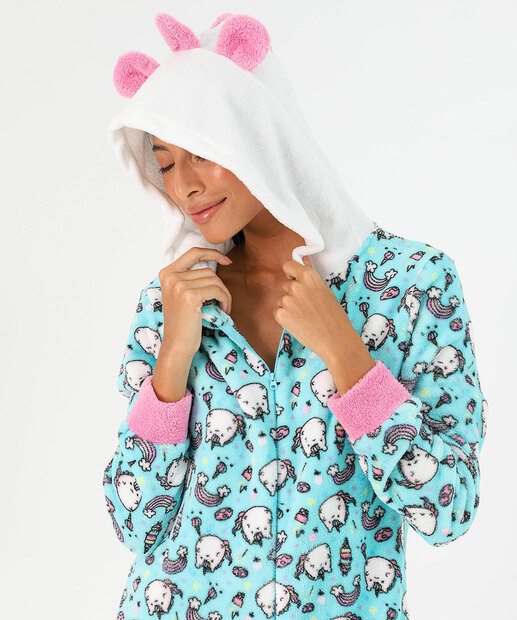 Pijama Feminino Fleece Unicórnio Capuz Marisa Azul