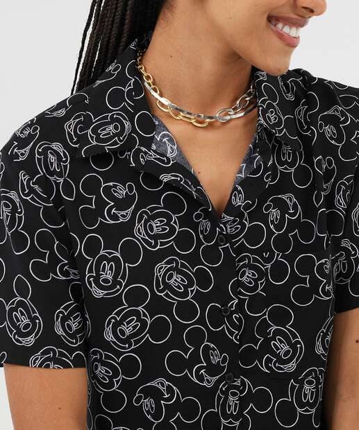 Camisa Cropped Feminina Mickey Manga Curta Disney Preto