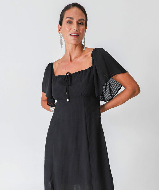 Vestido Feminino Midi Textura Fenda Marisa Preto