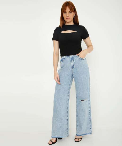 Calça Jeans Destroyed Wide Leg Pantalona Feminina Marisa
