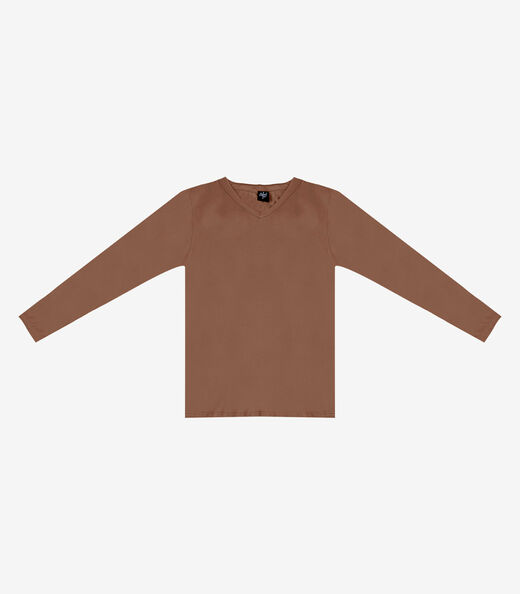 Blusa Manga Longa Decote V Básica Select Marrom