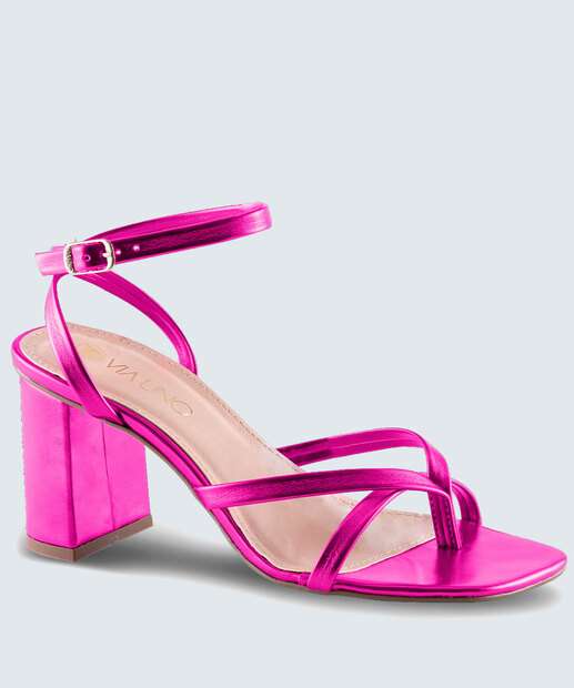 Sandália Salto Grosso Feminina Metalizada Via Uno 