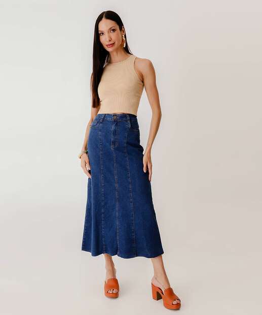 Saia Midi Jeans Feminina Bolsos 