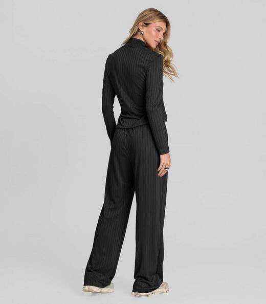 Conjunto Feminino Blusa E Calça Em Ribana Dianna Preto