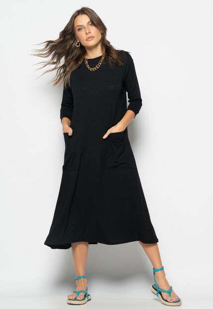Vestido Midi Com Bolsos E Manga 7/8 Preto Salvatore