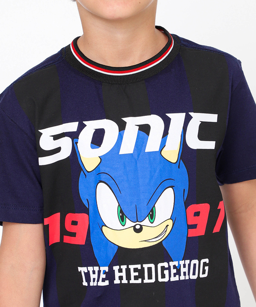 Camiseta Infantil Estampa Listrada Sonic Tam 4 a 10 Azul