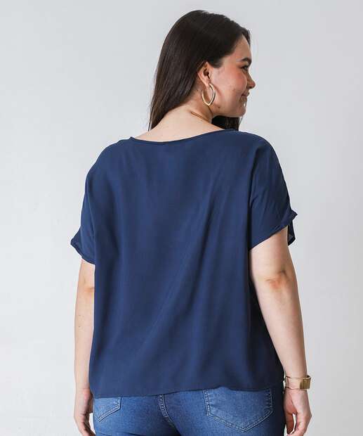 Blusa Plus Size Feminina Viscose Botões Marisa Azul