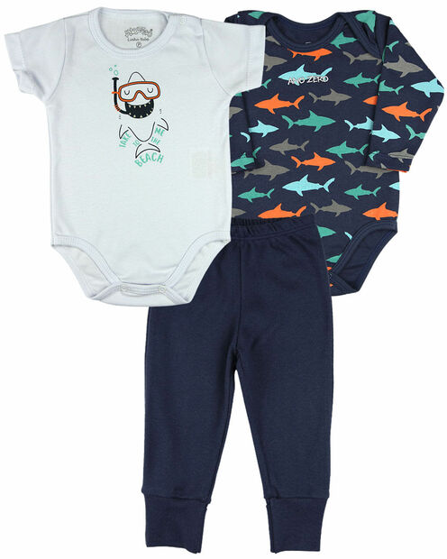 Kit Body e Culote Bebê Suedine Tubarões Take me to the Beach - Branco