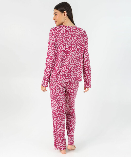 Pijama Feminino Animal Print Manga Longa Marisa Rosa