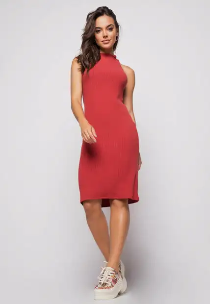 Vestido  Midi Regata Cava Americana Canelado Terracota