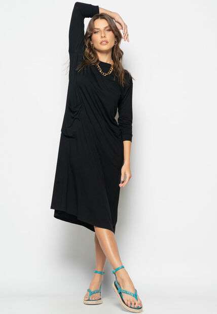 Vestido Midi Com Bolsos E Manga 7/8 Preto Salvatore