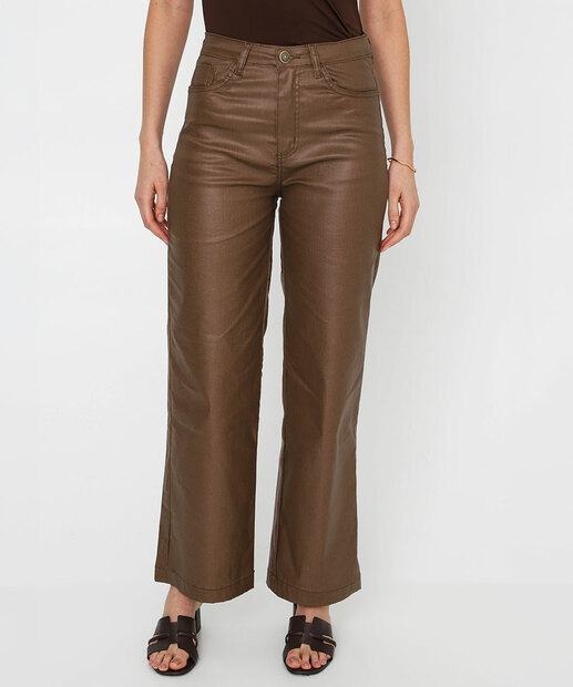 Calça Feminina Sarja Wide Leg Resinada Sawary Marrom