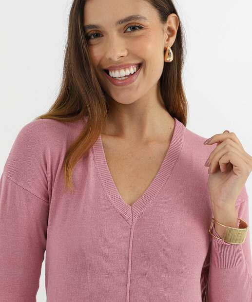 Suéter Feminino Decote V Nervura Marisa Rosa