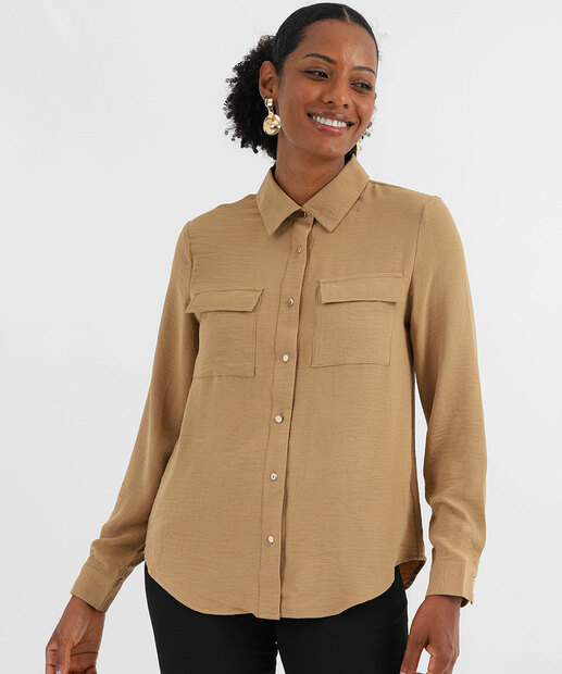 Image_Camisa Feminina Bolso Lapela Manga Longa Marisa Bege