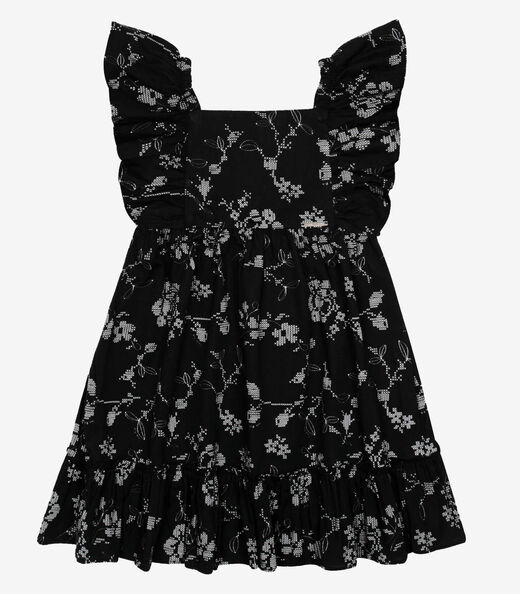 Vestido Popeline Floral Bordado Trick Nick Preto