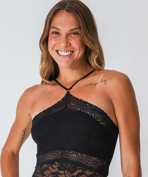 Body Feminino Sensual Renda Sem Bojo Preto
