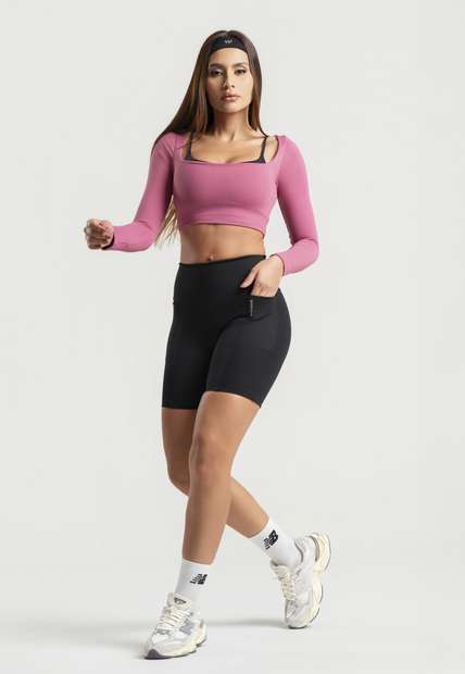 Cropped Manga Longa Decote Quadrado Rosa Wemood