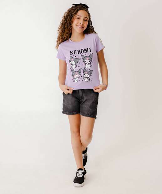 Blusa Juvenil Manga Curta Kuromi Sanrio Tam 10 a 16