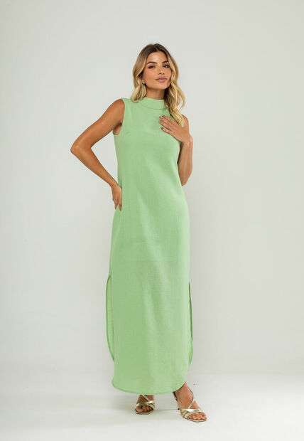 Vestido Longo Gola Alta E Fenda Lateral Verde Salvatore