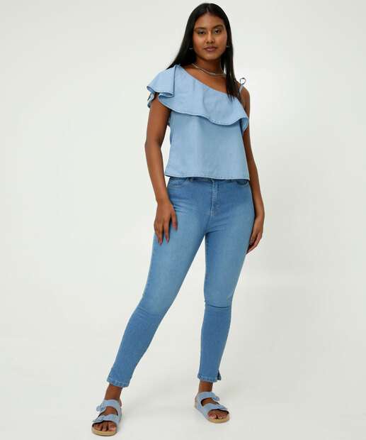 Blusa Regata Feminina Jeans Babado Marisa