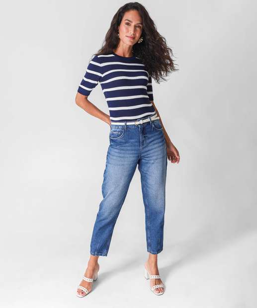 Blusa Feminina Manga Curta Listrada Marisa Azul