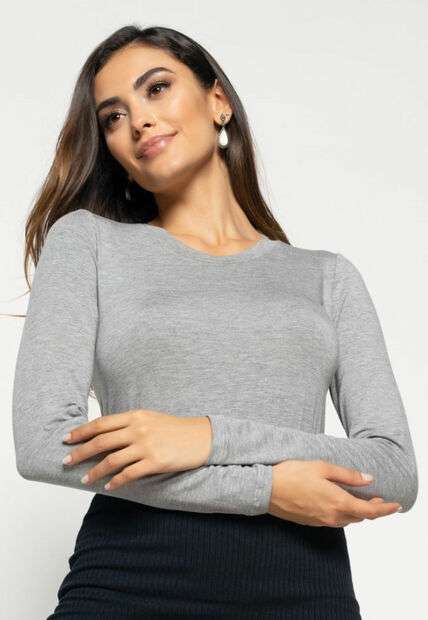Blusa  Básica Manga Longa e Gola Redonda Malha Mescla